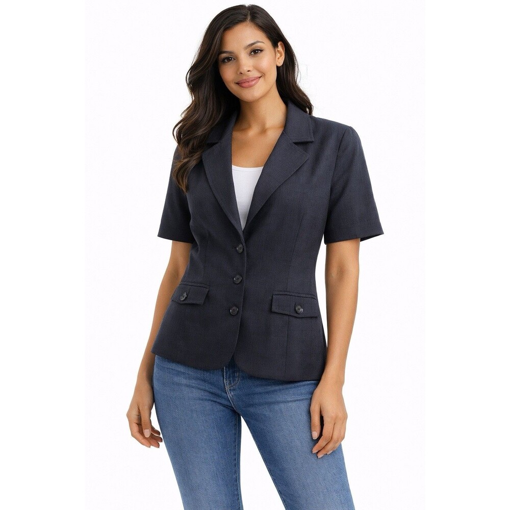 Ann Taylor Short Sleeve Blazer Jacket Navy Blue Womens Size 12 Career Vintage